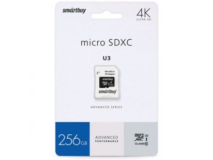 Карта памяти 256GB Smart Buy micro SDXC U3 R/W:90/55 MB/s с адаптером