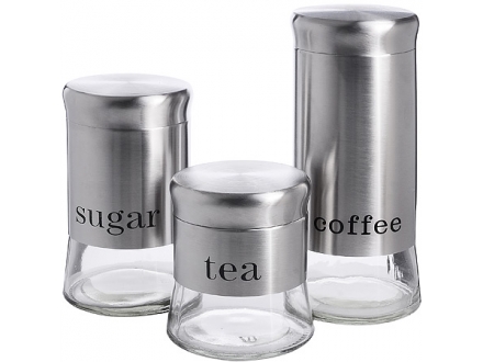 Набор банок для сыпучих 3шт. МВ-31029 (380мл/600мл/800мл) стекло+металл (кофе + сахар + чай) (8)